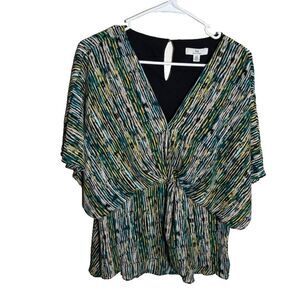 Halston Blouse Women's Large V-Neck Ruched Short Sleeve Printed Shirt Top
